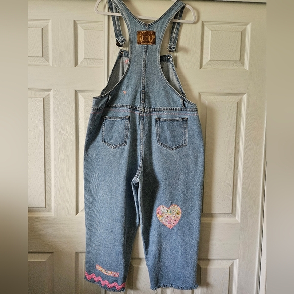 Women's Blue Denim Overalls with Colorful Patches - Picture 5 of 15